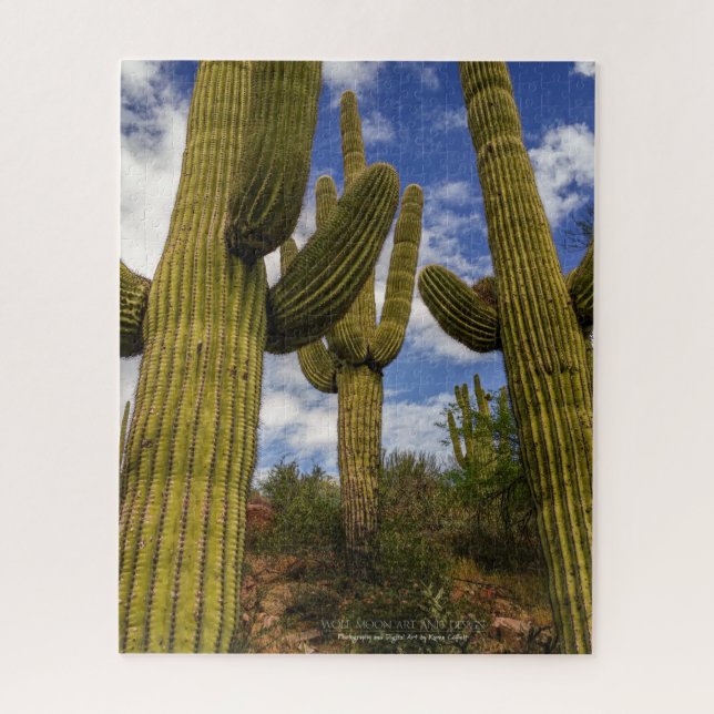 Quebra-cabeça Saguaro Cactus Trio Blue Sky Nuvens Deserto Arizon (Vertical)