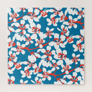 Quebra-cabeça Sakura branca, padrão de fundo azul clássico.