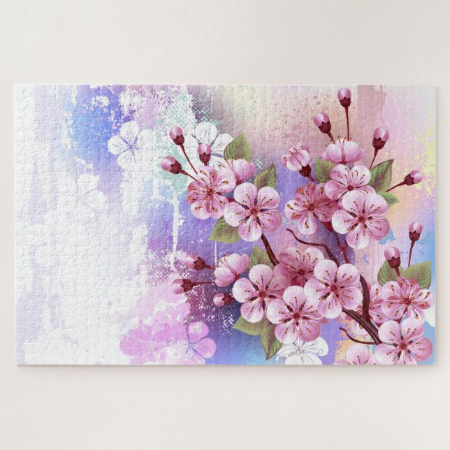 Quebra-cabeça Sakura rosa no fundo da pintura (Horizontal)