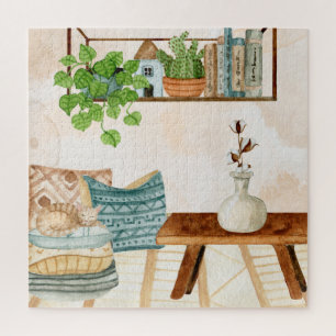 Quebra-cabeça Sala de Estar Boêmia Aconchegante Arte Aquarela