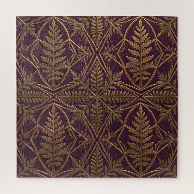 Quebra-cabeça Samambaia Dourada Geométrica Ornamentada Roxa (Vertical)