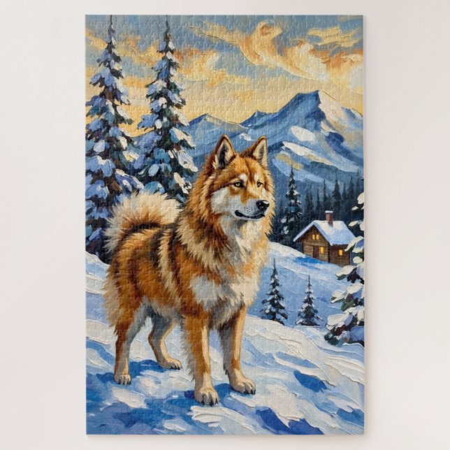 Quebra-cabeça Samoyed Antigo em Paisagem Alpina de Natal (Vertical)