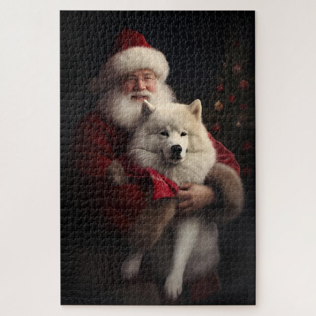 Quebra-cabeça Samoyed com Papai Noel Natal Festivo (Vertical)
