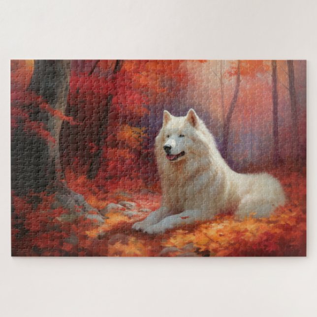 Quebra-cabeça Samoyed nas Folhas de Outono Caem Inspiração (Horizontal)