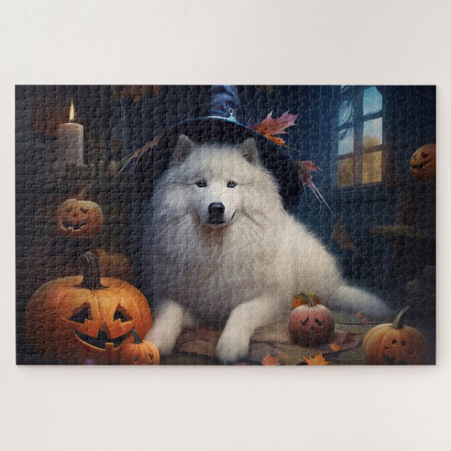 Quebra-cabeça Samoyed Pumpkins Halloween Scary (Horizontal)
