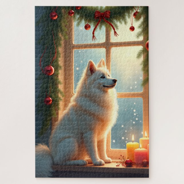 Quebra-cabeça Samoyed Under the Mistletoe Christmas Painting (Vertical)