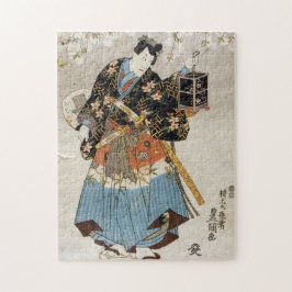 Quebra-cabeça Samurai japonês segurando lanterna katana ukiyo-e
