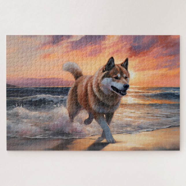 Quebra-cabeça Sandy Paws Akita Dog em Beach Sunset (Horizontal)
