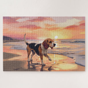 Quebra-cabeça Sandy Paws Beagle Dog em Beach Sunset