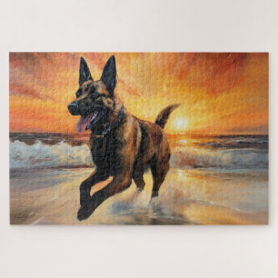 Quebra-cabeça Sandy Paws Cão Malinois Belga na Praia ao Pôr do S