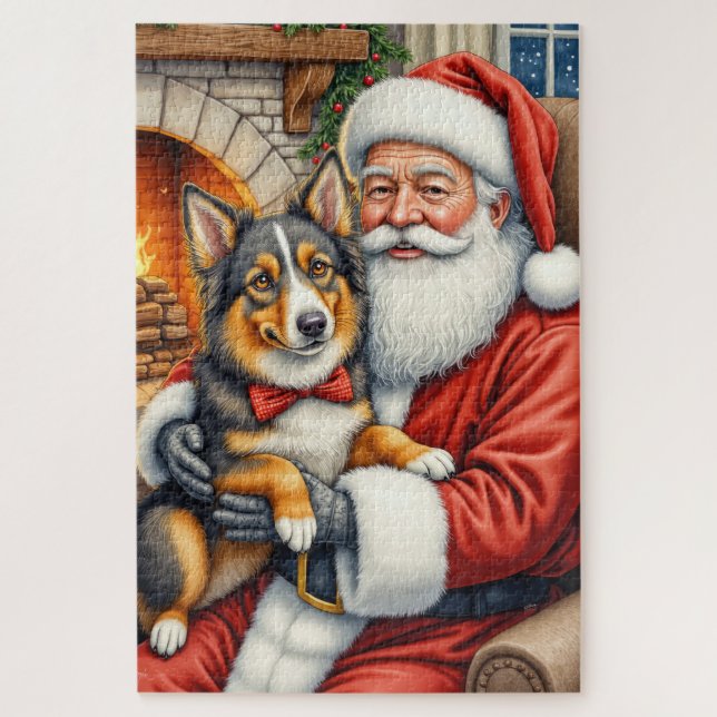 Quebra-cabeça Santa Claus Holding Australian Shepherd Christmas  (Vertical)
