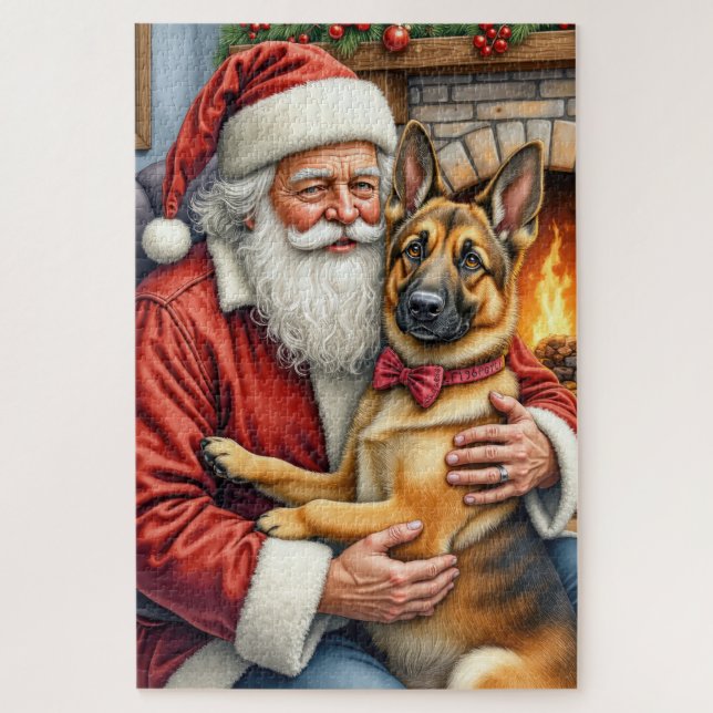 Quebra-cabeça Santa Claus Holding Belgian Shepherd Christmas Art (Vertical)