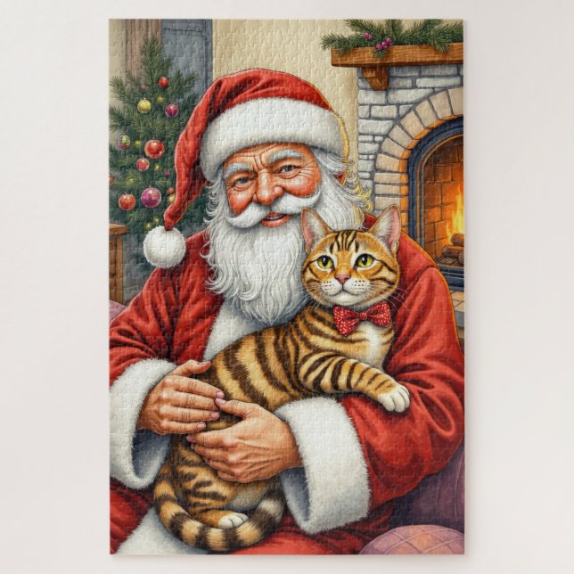 Quebra-cabeça Santa Claus Holding Bengal Cat Christmas Art (Vertical)