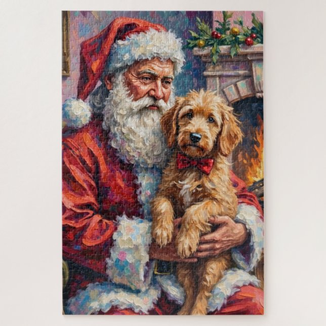 Quebra-cabeça Santa Claus Holding Goldendoodle Christmas Art (Vertical)
