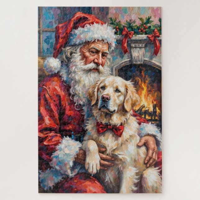 Quebra-cabeça Santa Claus Holding Great Pyrenees Christmas Art (Vertical)