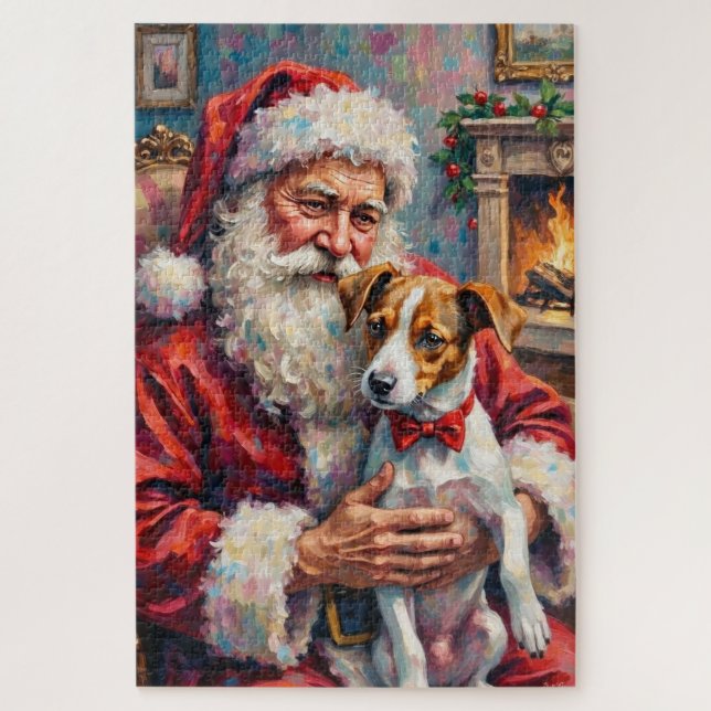 Quebra-cabeça Santa Claus Holding Jack Russell Christmas Art (Vertical)