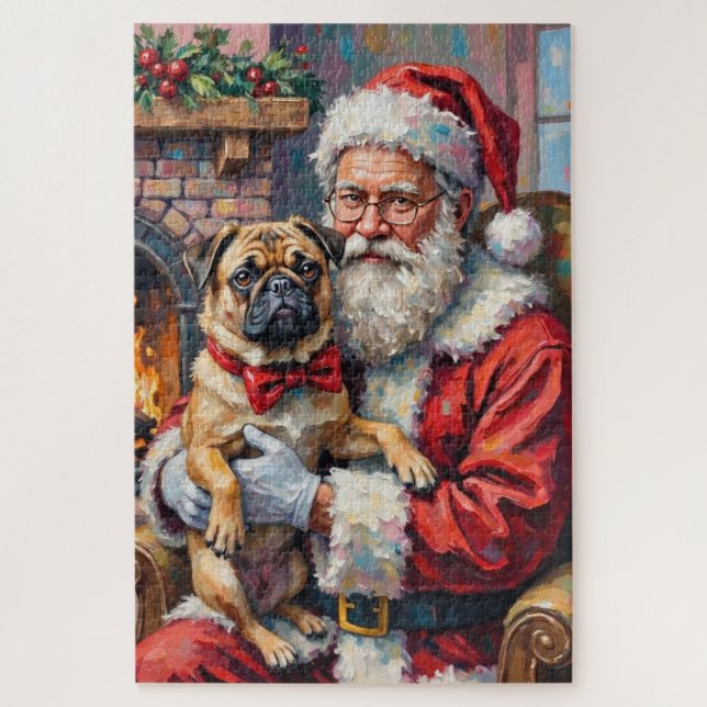 Quebra-cabeça Santa Claus Holding Pug Christmas Art (Vertical)