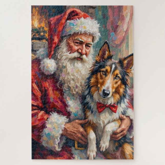 Quebra-cabeça Santa Claus Holding Rough Collie Christmas Art (Vertical)