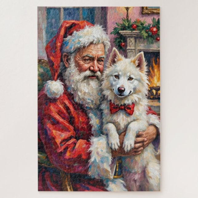 Quebra-cabeça Santa Claus Holding Samoyed Christmas Art (Vertical)