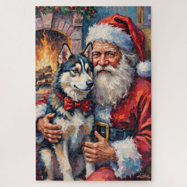 Quebra-cabeça Santa Claus Holding Siberian Husky Christmas Art (Vertical)