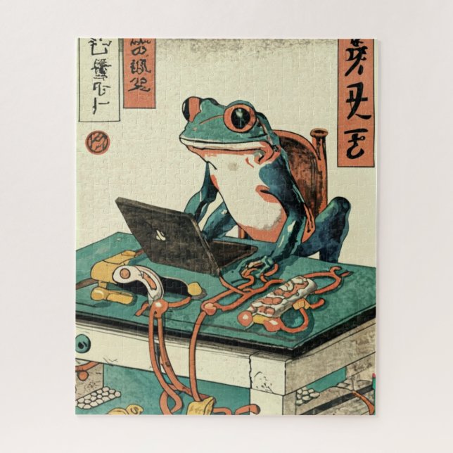 Quebra-cabeça Sapo Jogando Jogos de PC, Arte de Sapo Ukiyo-e, Sa (Vertical)