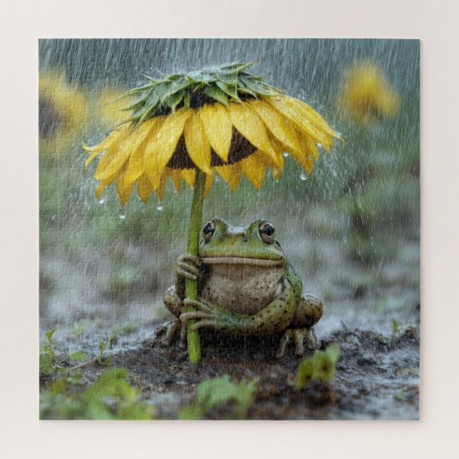 Quebra-cabeça Sapo sob um guarda-chuva de girassol na chuva (Vertical)