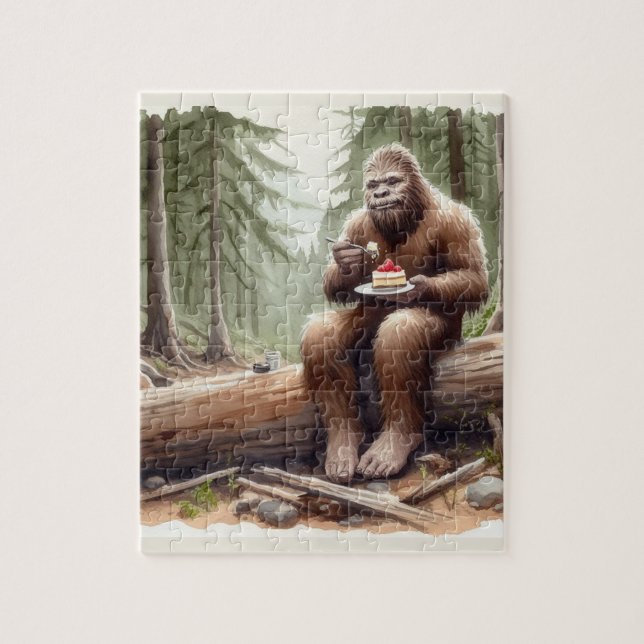 Quebra-cabeça Sasquatch em floresta musgosa com um cheesecake (Vertical)