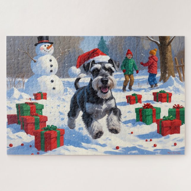 Quebra-cabeça Schnauzer Correndo na Neve com Chapéu de Natal (Horizontal)