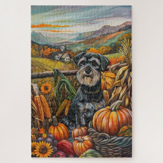 Quebra-cabeça Schnauzer Dog Autumn Harvest Ação de Graças (Vertical)