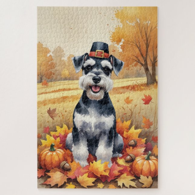 Quebra-cabeça Schnauzer na Arte de Ação de Graças das Folhas de  (Vertical)