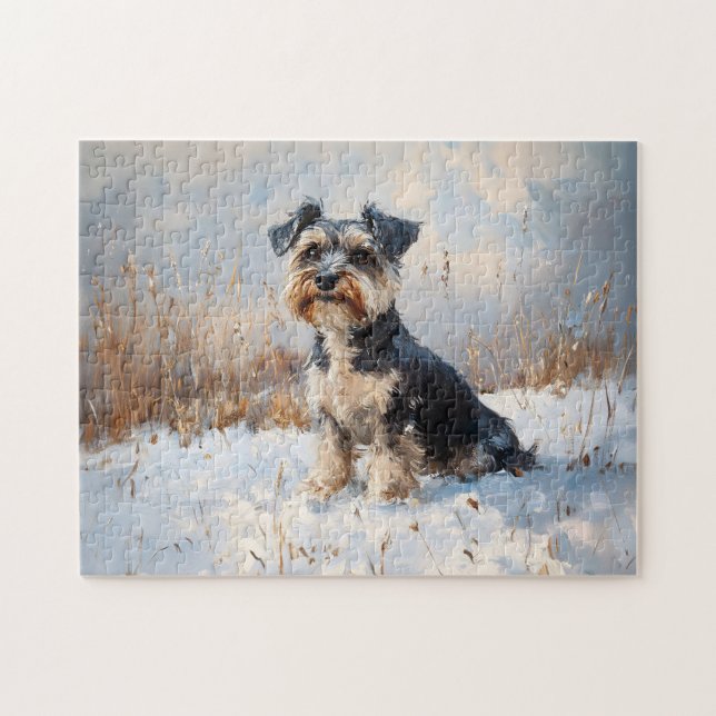 Quebra-cabeça Schnauzer na neve do inverno (Horizontal)