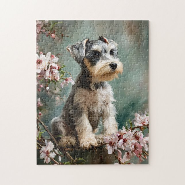Quebra-cabeça Schnauzer Puppy Among Spring Cherry Blossoms (Vertical)
