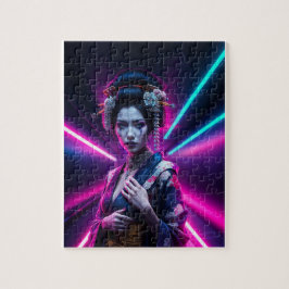 Quebra-cabeça Schöne Geisha Puzzle mit Neon Hintergrund – Elegan