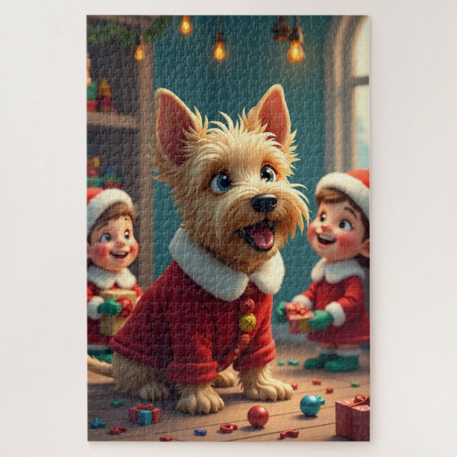 Quebra-cabeça Scottish Terrier Helping Santa’s Elves Christmas (Vertical)
