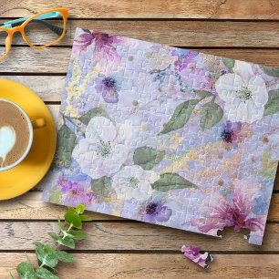 Quebra-cabeça Script de aquarela floral de vinagre, ouro azul ro
