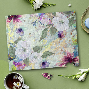 Quebra-cabeça Script floral de aquarela vítrea, seafoam e ouro