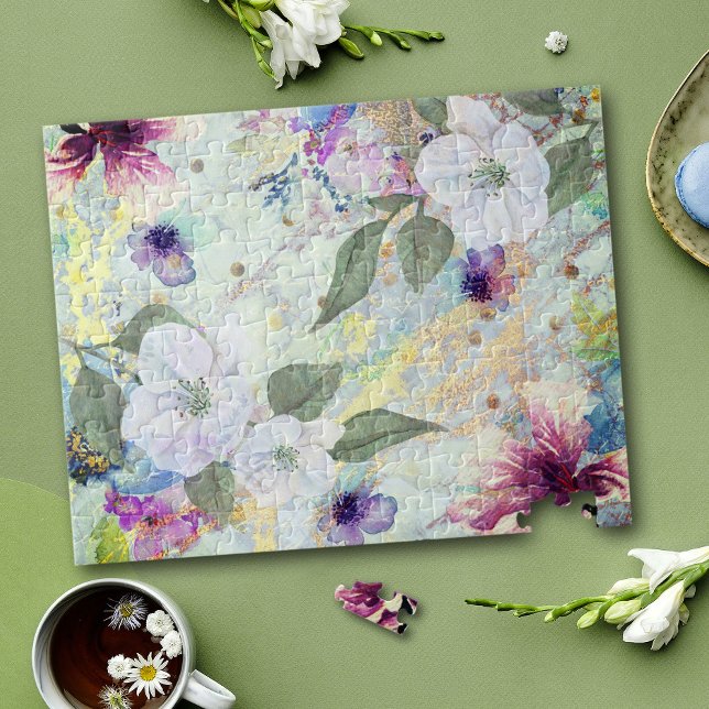 Quebra-cabeça Script floral de aquarela vítrea, seafoam e ouro (Criador carregado)