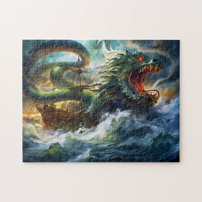 Quebra-cabeça Sea Serpent Attacking Ship in Storm Fantasy Painti (Horizontal)