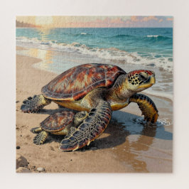 Quebra-cabeça Sea Turtle and Baby on Beach Illustration