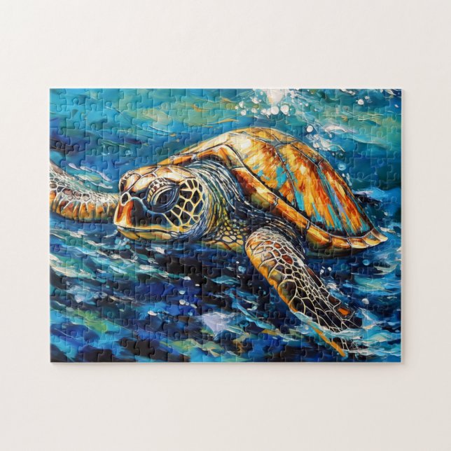 Quebra-cabeça Sea Turtle in Expressive Oil Brushwork (Horizontal)