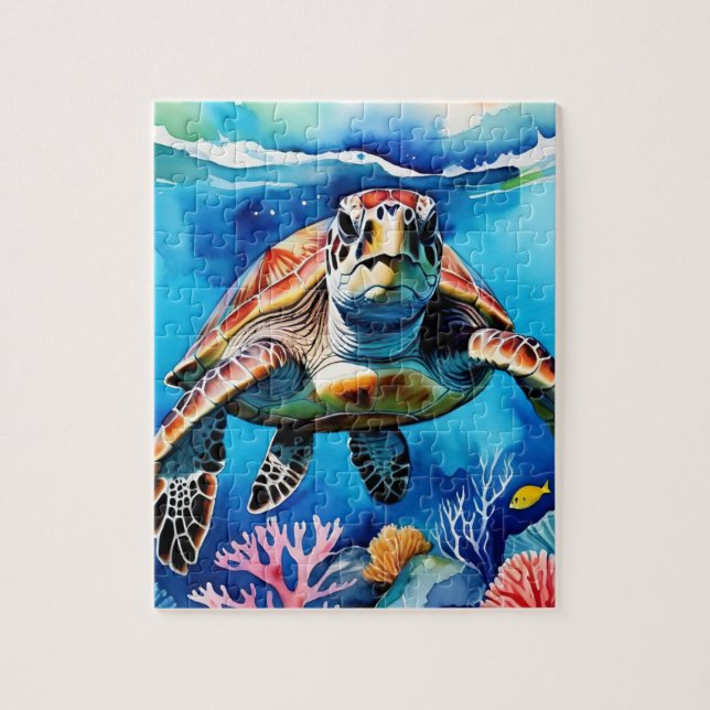 Quebra-cabeça Sea Turtle Watercolor Tropical Ocean (Vertical)