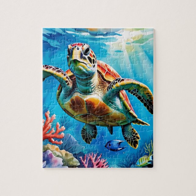 Quebra-cabeça Sea Turtle Watercolor Tropical Ocean (Vertical)