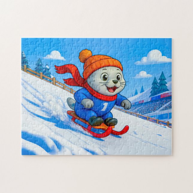 Quebra-cabeça Seal Sledding Down a Snowy Mountain Hill (Horizontal)