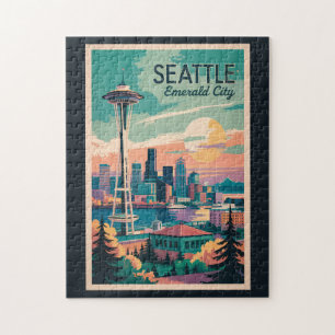 Quebra-cabeça Seattle Washington Skyline Viagem Art Vintage