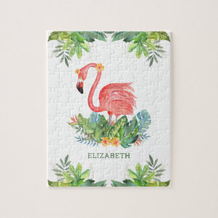 Quebra-cabeça Selva Tropical Rústica Nome de Flamingo Floral Fof