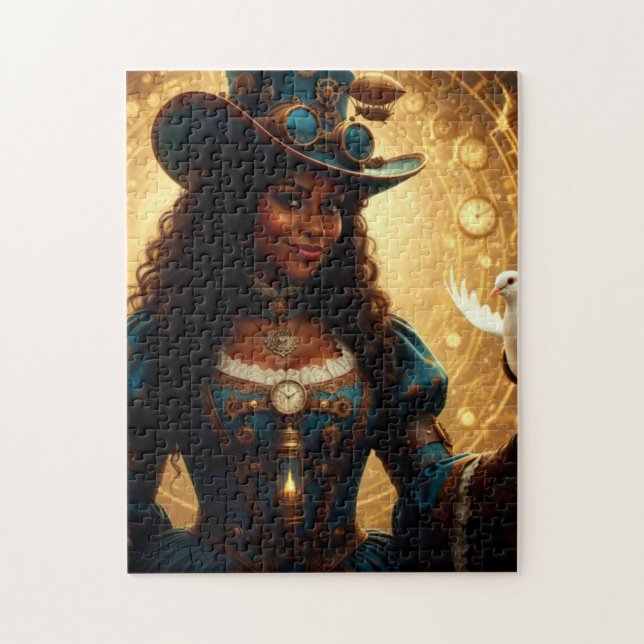 Quebra-cabeça Senhora Steampunk Viajante no Tempo com Pombo (Vertical)