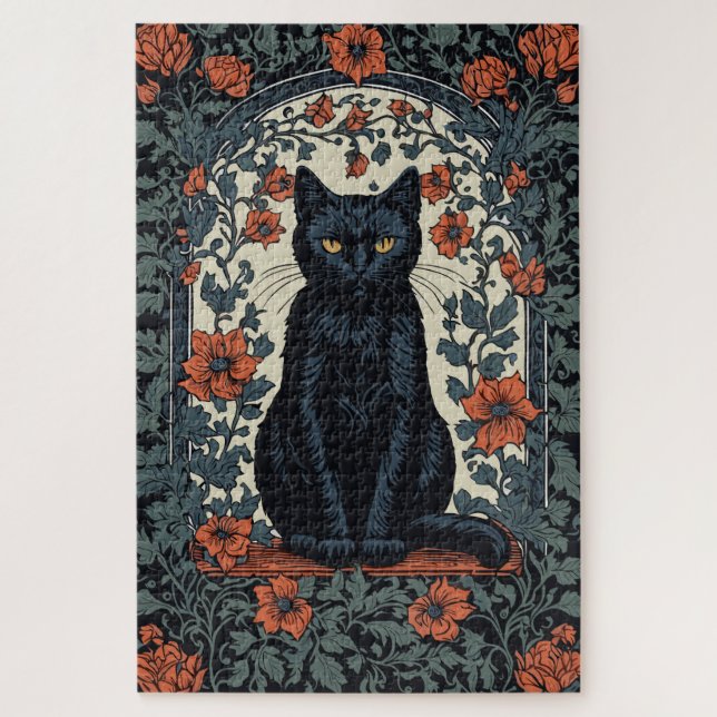 Quebra-cabeça Sentado Black Cat Vintage Floral (Vertical)