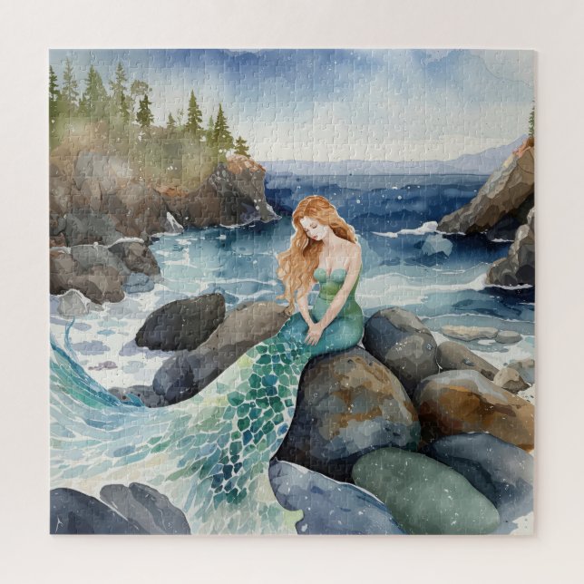 Quebra-cabeça Sereia Aquarela Em Rochas Oceânicas (Vertical)