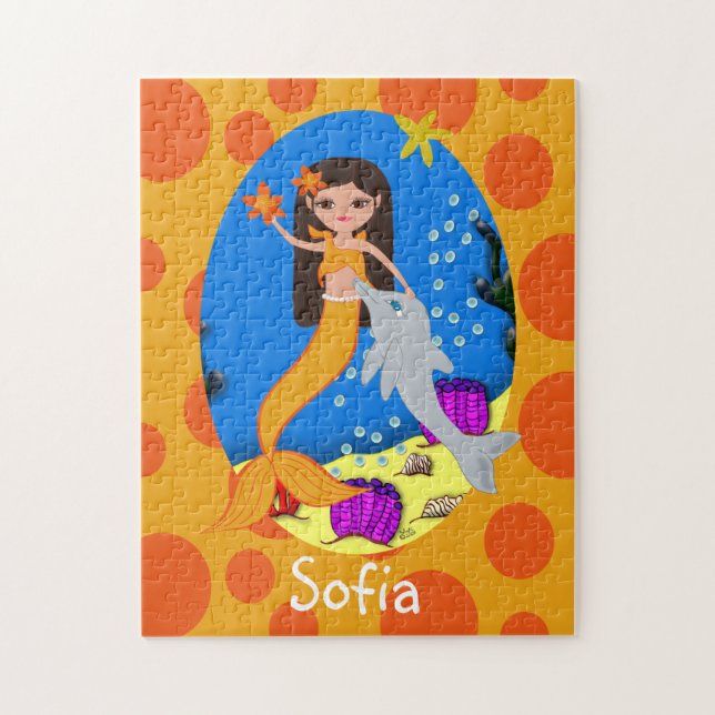 Quebra-cabeça Sereia Laranja no Oceano com um Golfinho (Vertical)