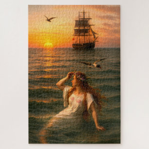 Quebra-cabeça Sereia Olhando Navio à Vela Ao Pôr do Sol